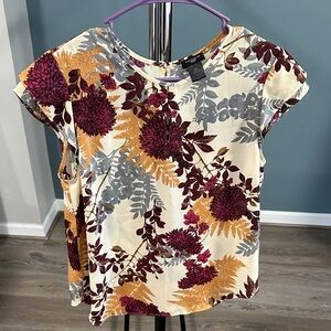 Ann Taylor Burgundy and Mustard Floral Short Sleeve Top